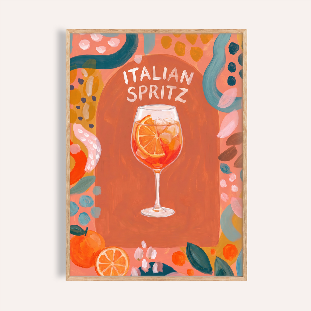 Featuring a wine glass cocktail illustration wall art poster with hand-lettered Italian Spritz text and citrus slice