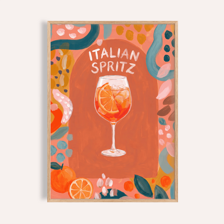 Featuring a wine glass cocktail illustration wall art poster with hand-lettered Italian Spritz text and citrus slice