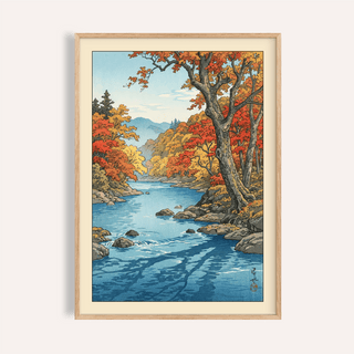Framed print of Hasui Kawase Autumn Print showing an autumn river valley with red and yellow foliage