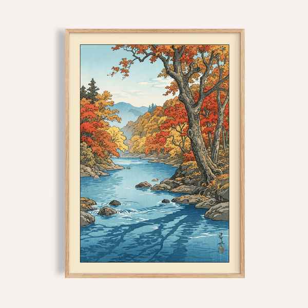 Framed wall view of Hasui Kawase autumn print with river and fall foliage