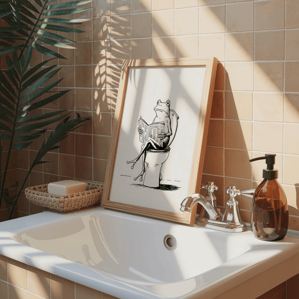 Humorous wall art print showing a cartoon frog on a toilet with legs crossed
