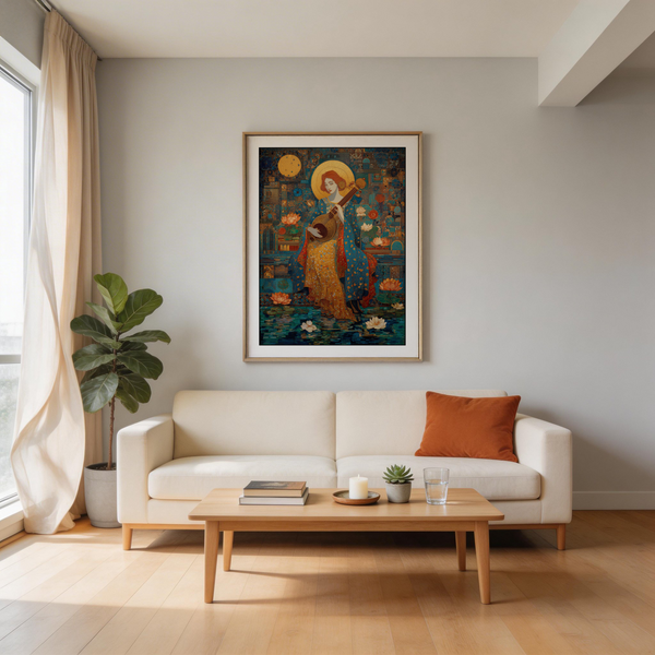 Wall art of seated goddess playing veena over tiled background