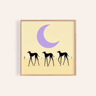 Minimalist wall art poster of three black dog silhouettes under a crescent moon