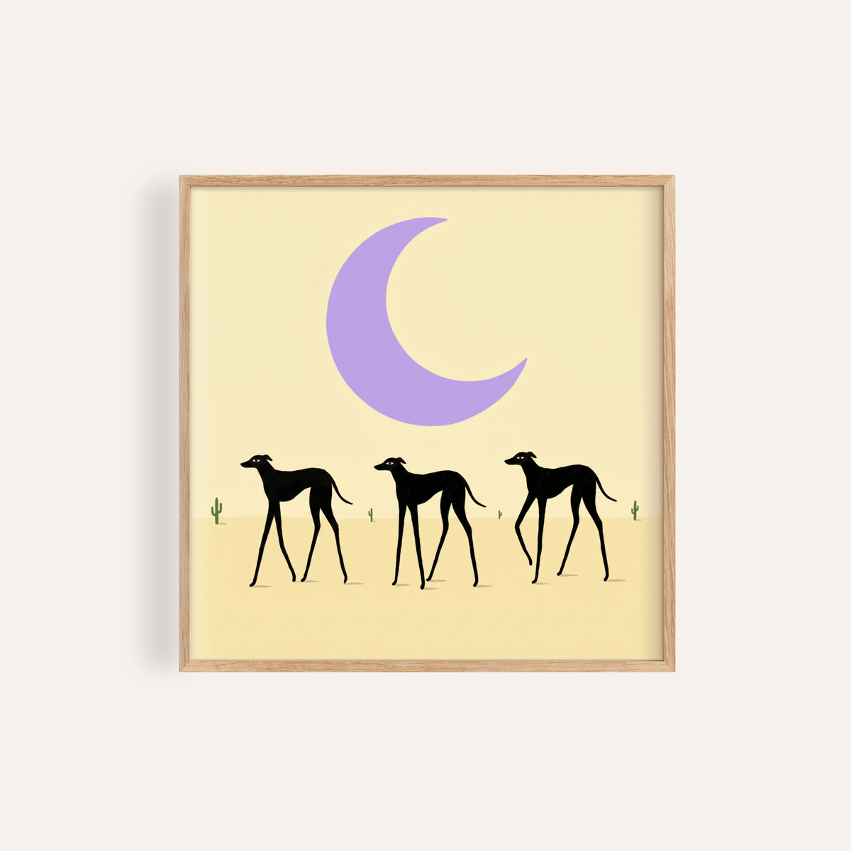 Minimalist wall art poster of three black dog silhouettes under a crescent moon