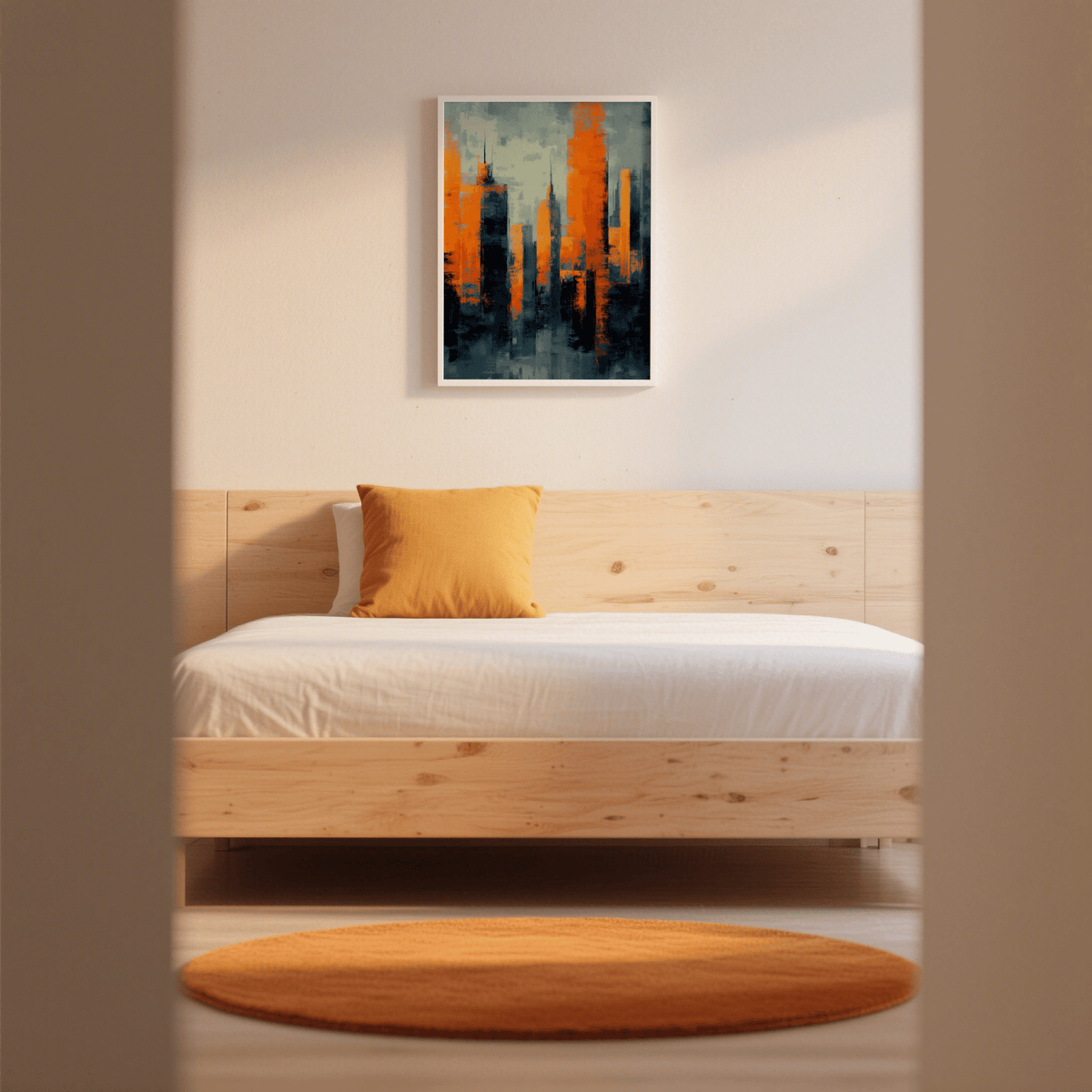 Contemporary Urban Art home wall art in orange and gray for trendy settings