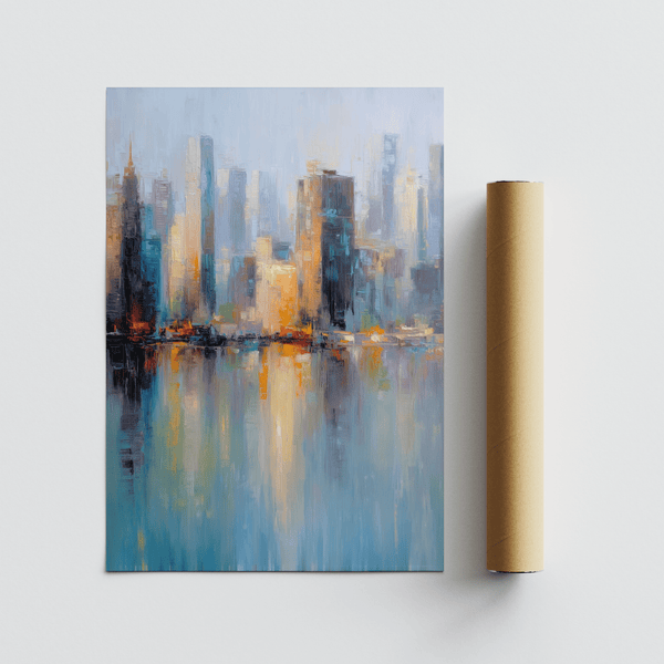 Modern abstract City Skyline Art Print with brown and blue colors for bedroom wall