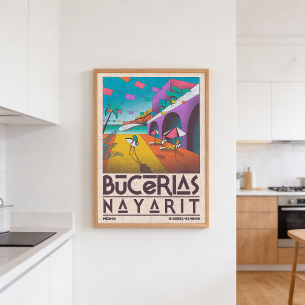 Retro seaside print highlighting tall arches framing the ocean view