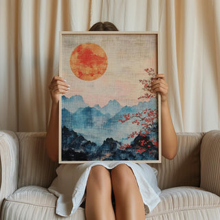 Tranquil Japanese Mountain Art print with faded blue tones and warm red sun.