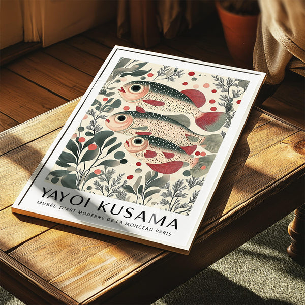 Nature-inspired Wall Art of Fish with botanical accents and muted palette.