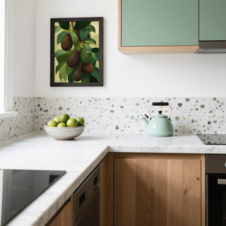 Avocado Wall Art Print, green leafy background and beige undertones for kitchen poster
