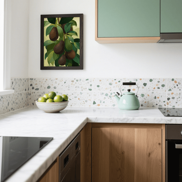 Avocado Wall Art Print, green leafy background and beige undertones for kitchen poster