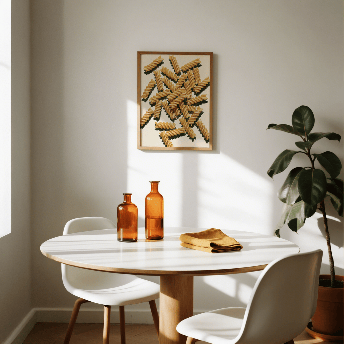 Fusilli Pasta Art wall art in beige and yellow for dining space