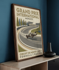 Illustrated racing wall art print with trees lining the track and grandstand buildings in the background