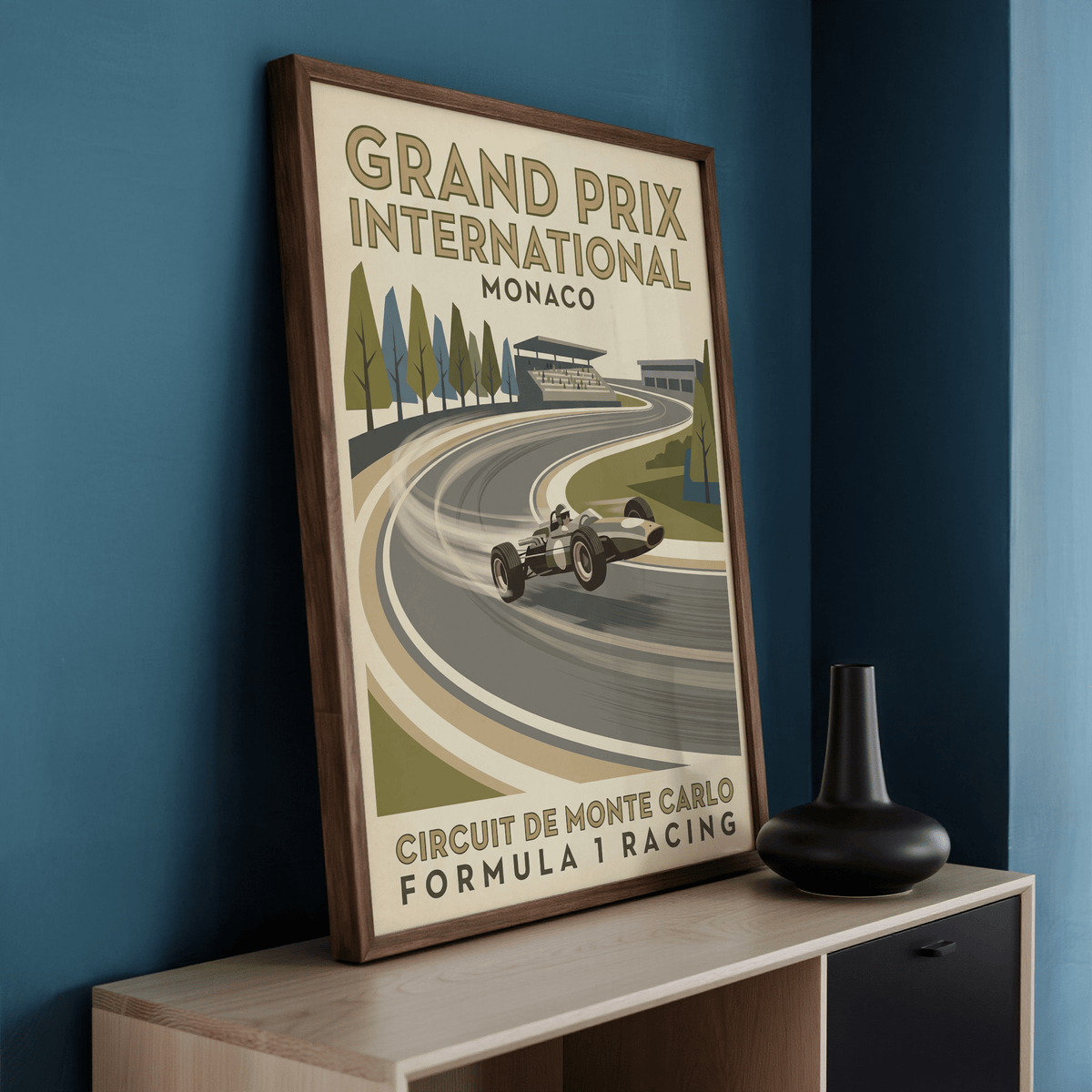 Illustrated racing wall art print with trees lining the track and grandstand buildings in the background