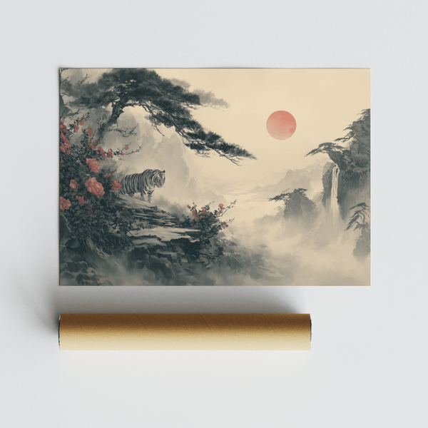 Asian Landscape Print for peaceful den, Green pines and Beige background