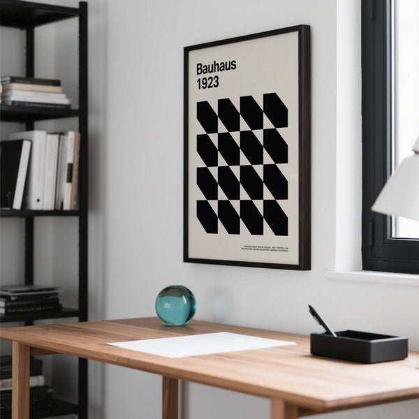 Bold black angular forms on cream background styled as Corporate Office Artwork.