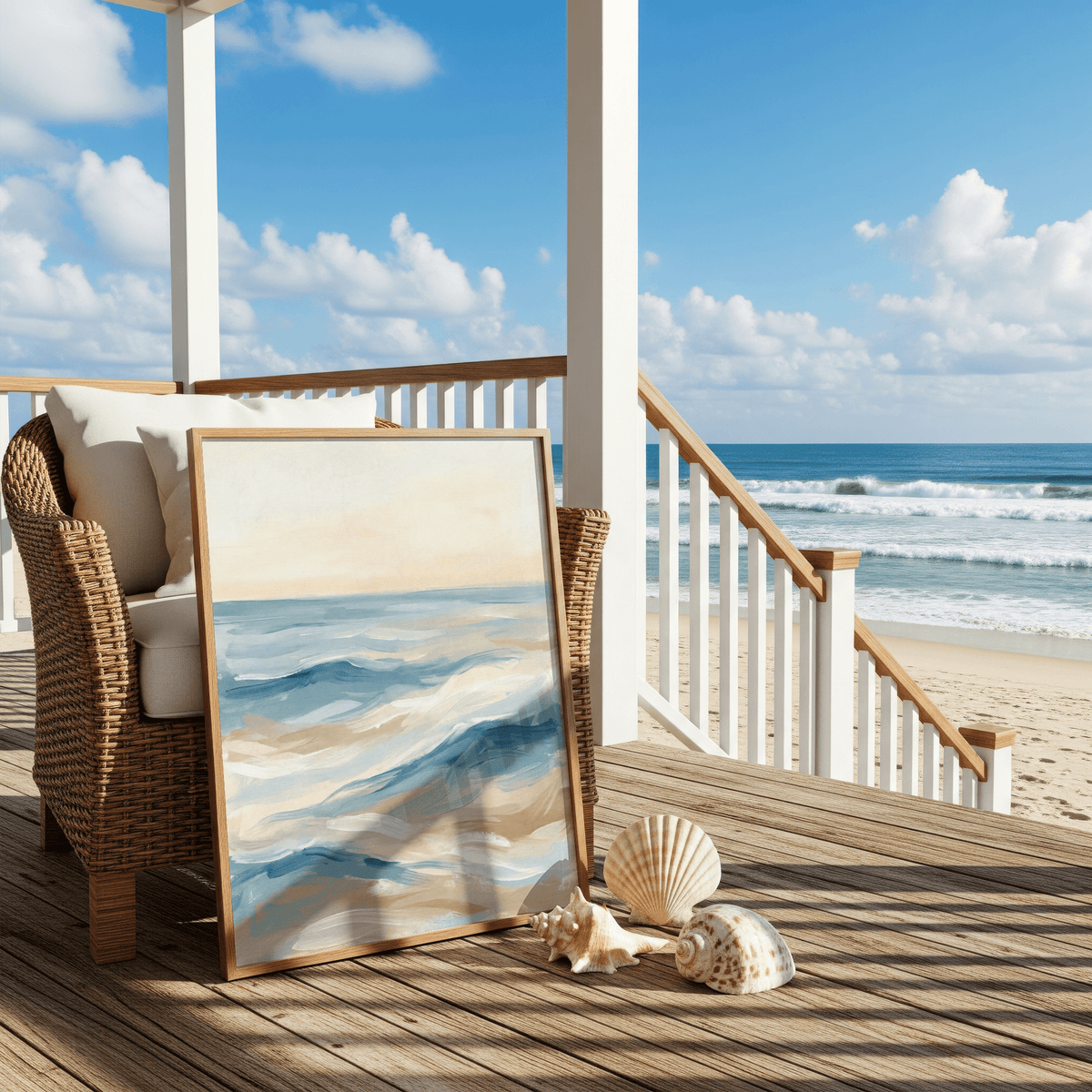 Ocean Wave Art Print in blue, white, and beige for relaxing bathroom art print