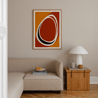 Centered oval form poster with small dark accent and clean layout