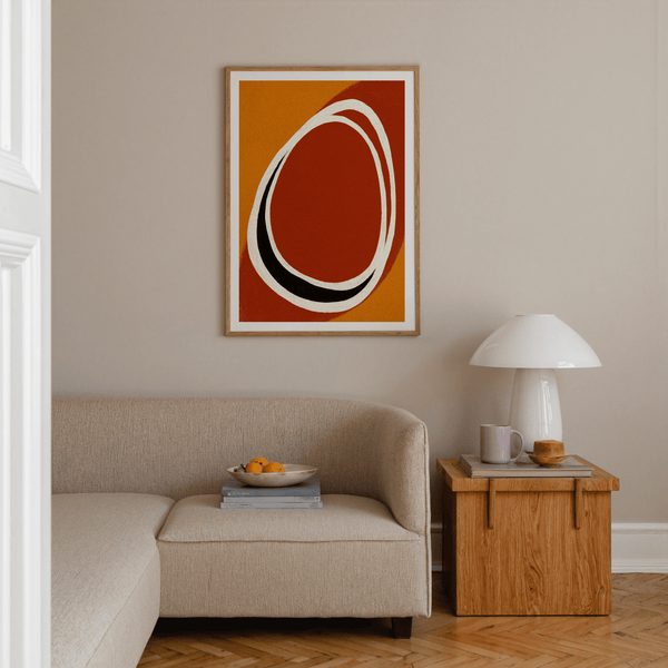 Centered oval form poster with small dark accent and clean layout