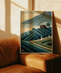 Textured hills print with repeating paddy rows and a distant ridge line