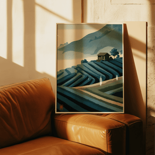 Textured hills print with repeating paddy rows and a distant ridge line