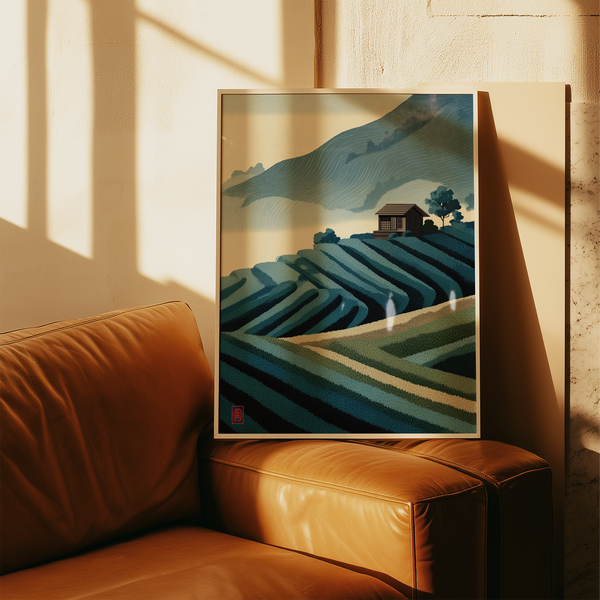 Textured hills print with repeating paddy rows and a distant ridge line