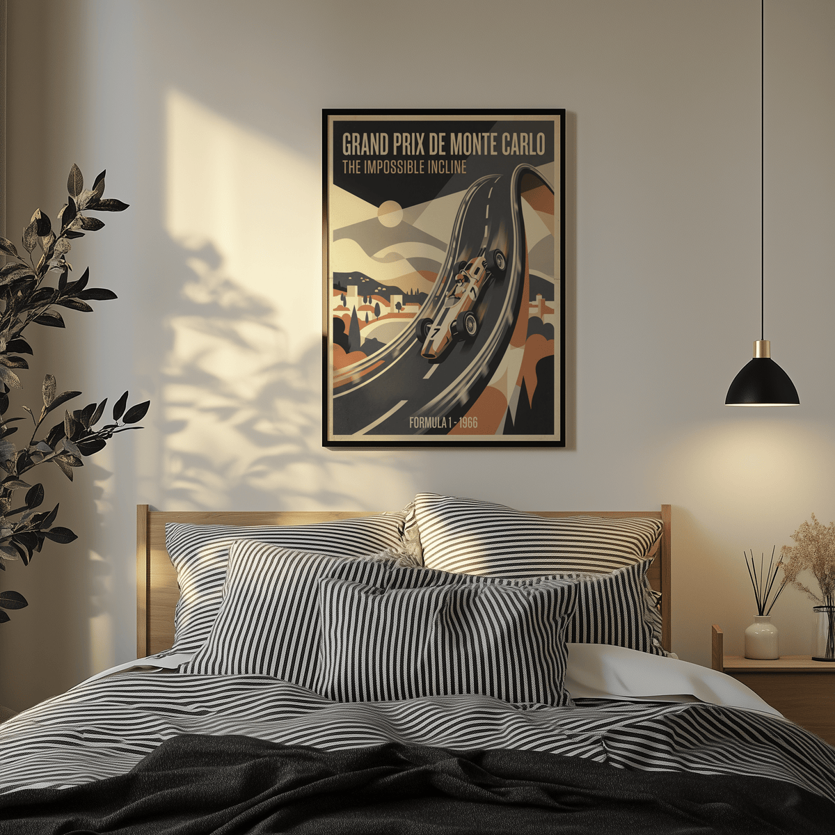 Detailed view of race car wheels and cockpit on vintage poster print