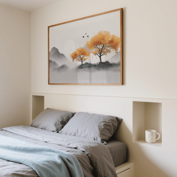 Serene Autumn Tree Wall Art for bedroom featuring orange and gray