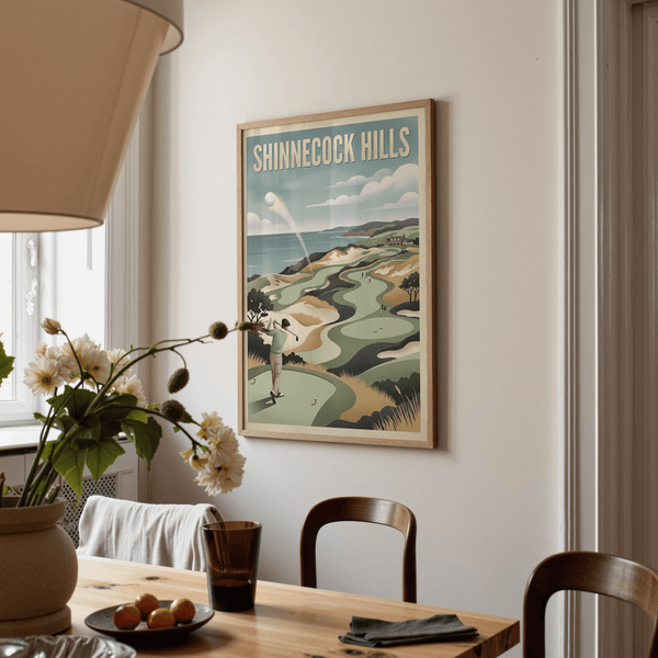 Coastal course print poster with clubhouse on the right and layered landscape shapes