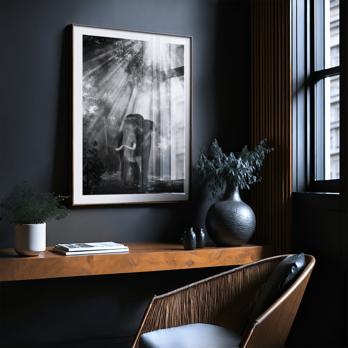 Atmospheric woodland scene featuring elephant as Nature Photography Wall Art