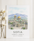 Sofia City Art Print poster featuring watercolor cathedral and mountain backdrop