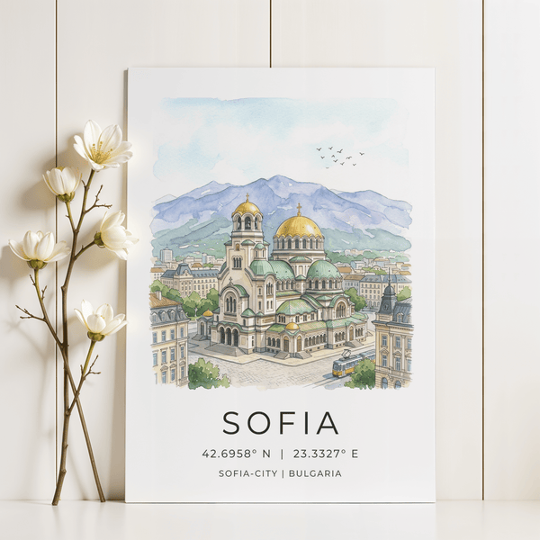 Sofia City Art Print poster featuring watercolor cathedral and mountain backdrop