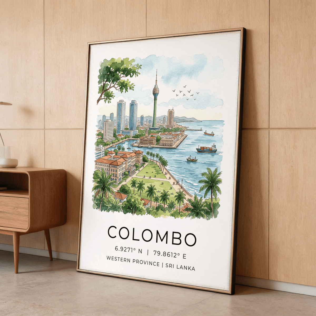 Travel print labeled Colombo Skyline Art Print with promenade, palm trees, and ships