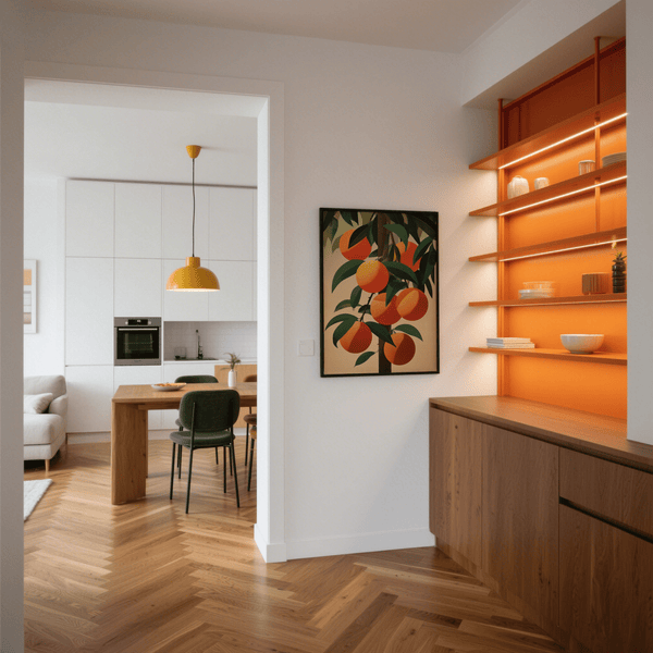 Minimalist Orange Tree Art Print for bedroom with orange and beige tones