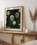 Botanical-inspired wall decor with dandelions.