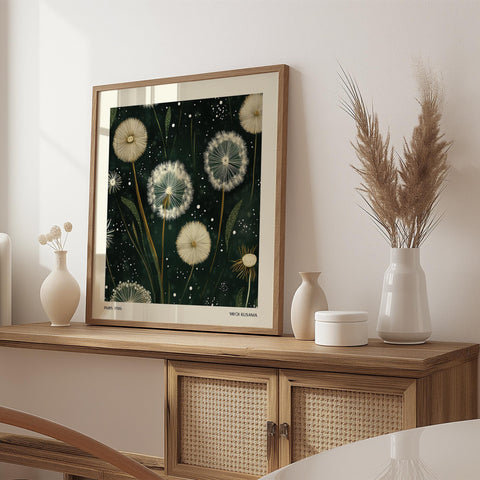 Botanical-inspired wall decor with dandelions.