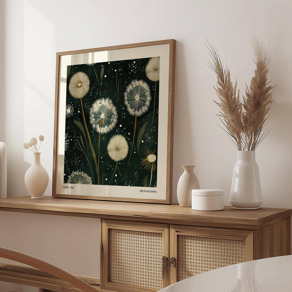 Abstract square wall art featuring intricate dandelion motifs