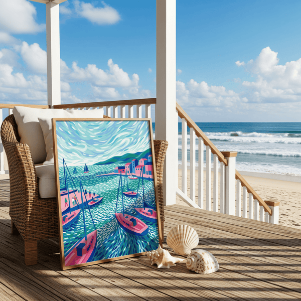 Colorful Sailboats Wall Art with blue sky for entryway wall art print