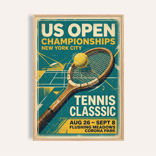 Vintage New York Tennis Print poster with diagonal racket, tennis ball, and bold headline