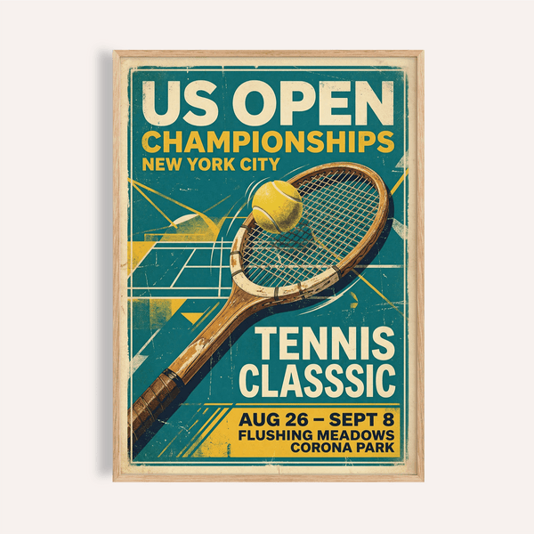 Us Open Tennis Print poster with diagonal racket, tennis ball, and bold US OPEN headline