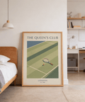 Classic tennis-themed wall art print with court lines, racket, and ball composition
