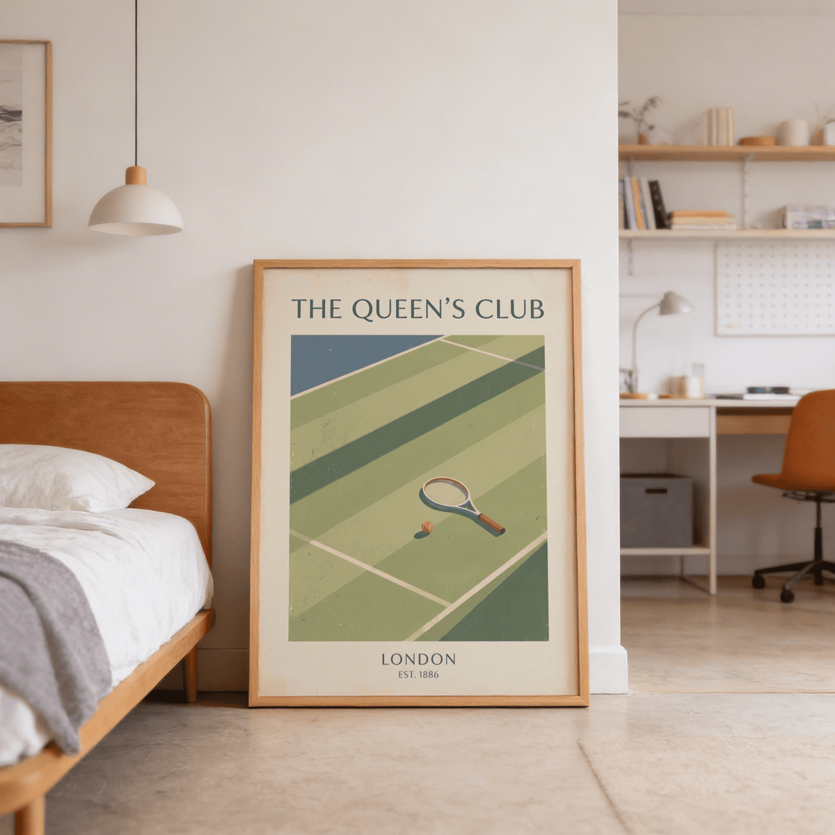 Classic tennis-themed wall art print with court lines, racket, and ball composition