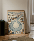 Winter Village Scene print showing Blue river and snowy White village for office walls