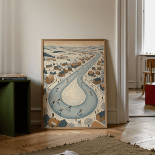 Winter Village Scene print showing Blue river and snowy White village for office walls