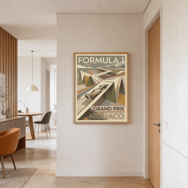 Geometric motorsport art with sharp diagonal roadway and stacked mountains