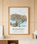 Watercolor Budapest skyline print featuring domed building and suspension bridge