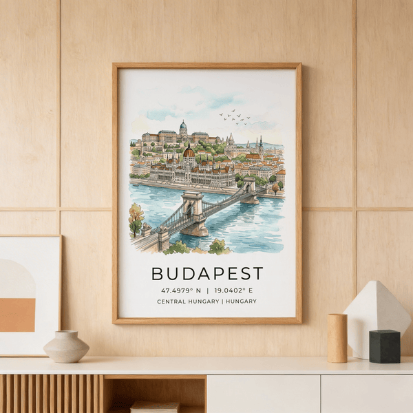 Watercolor Budapest skyline print featuring domed building and suspension bridge