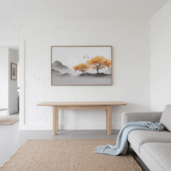 Living room Autumn Tree Wall Art print with autumn colors and gray shades