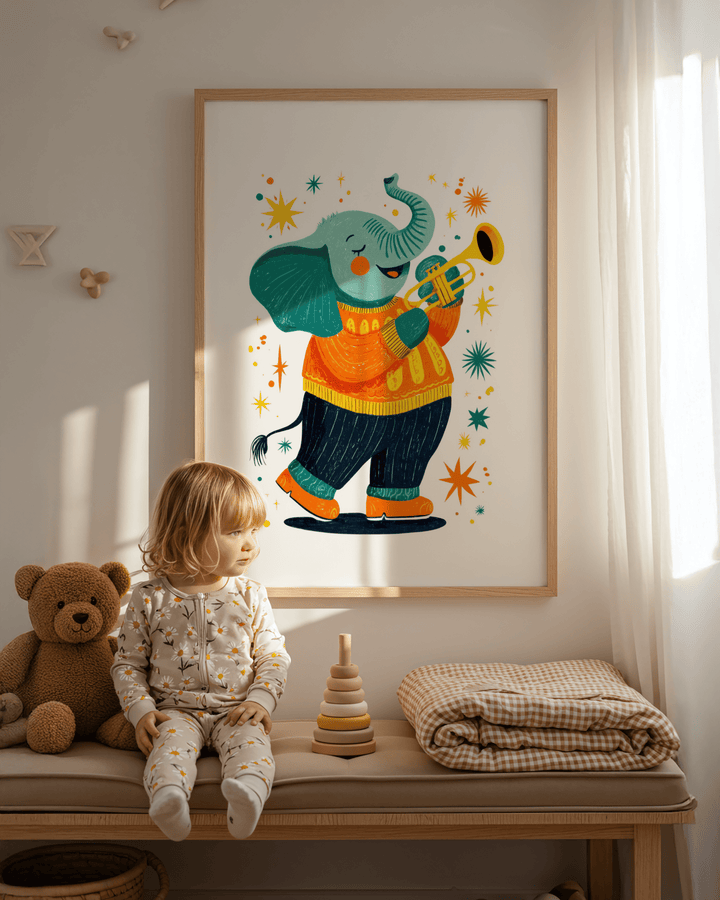 Musical Animal Poster print of an elephant playing trumpet with bright colours in a child's room next to a teddy bear