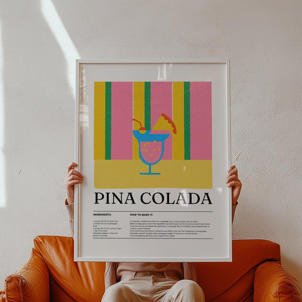 Wall art for kitchen featuring a Piña Colada cocktail illustration with pink and yellow accents.